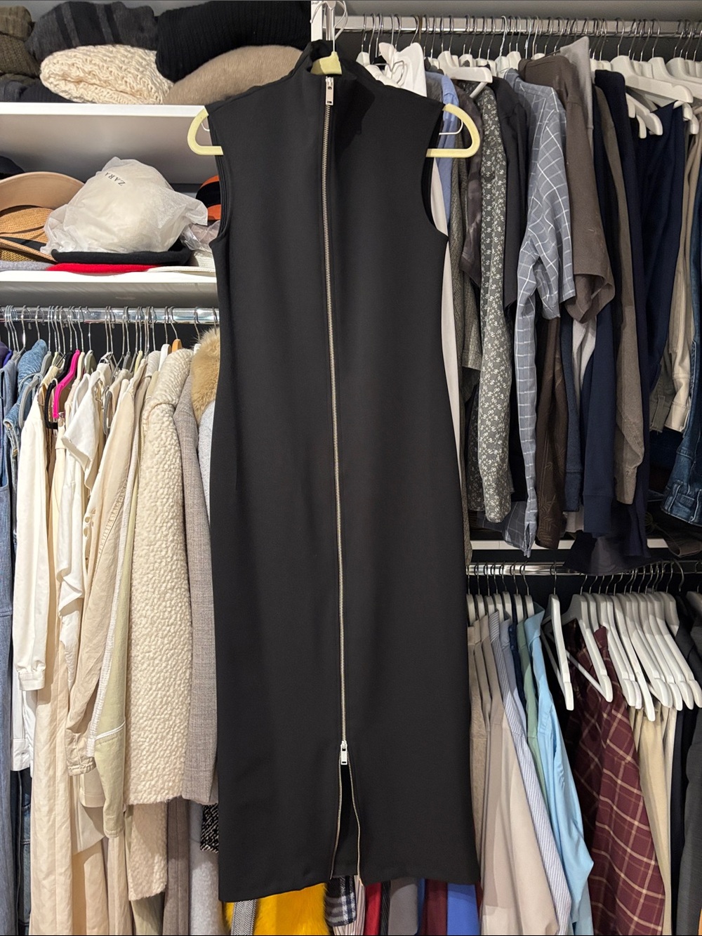 Zara Sleeveless Black Zip-Front Midi dress